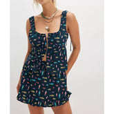 Floral Print Frill Trim Square Neck Tank Top And Ruffle Skirt Set